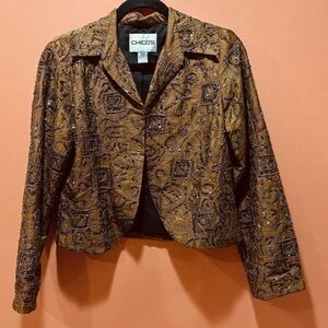 Chicos Vintage Brown Beaded Sequin Silk Blazer Jacket 1/M